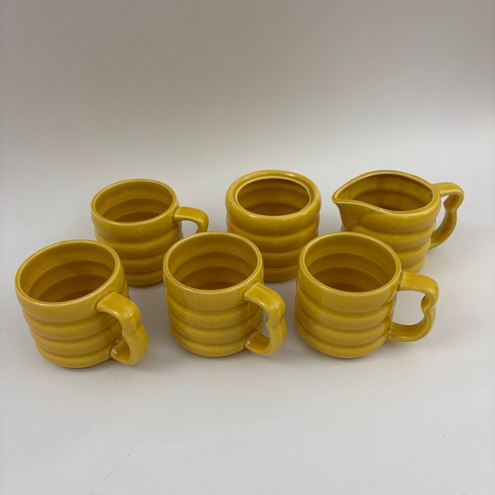 Art Deco Vintage Yellow Ceramic Tea Set Cups And Pitcher No Lid Made In Japan